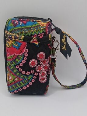 Vera Bradley Black Quilted Wristlet with Multicolor Paisley Floral Print